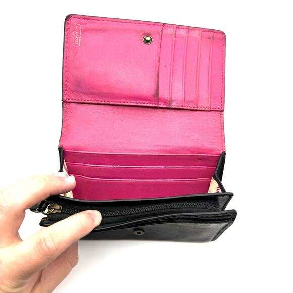 Coach Bleecker Wallet Black Leather Embossed Signature Carriage Logo Pink Lining - Picture 7 of 15